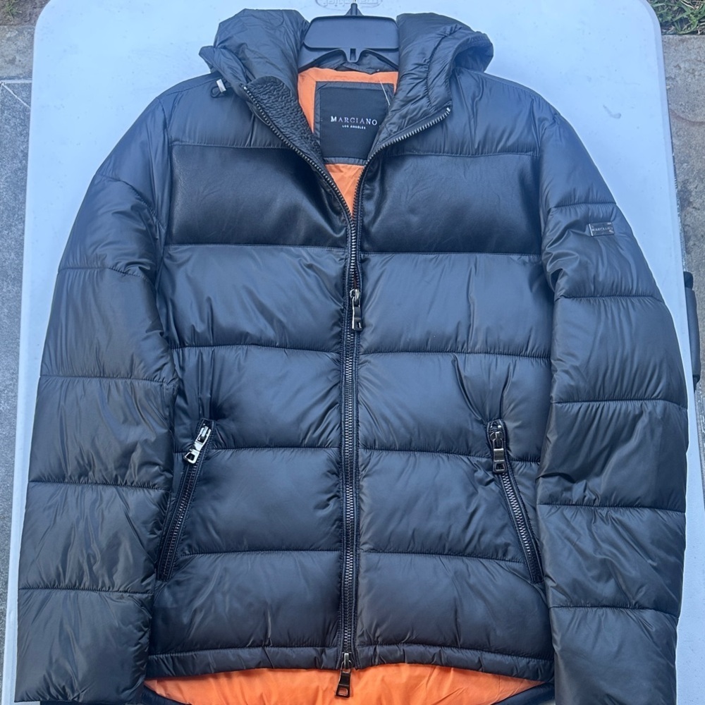 GUESS BY Marciano Black Puffer Jacket with Orange Lining